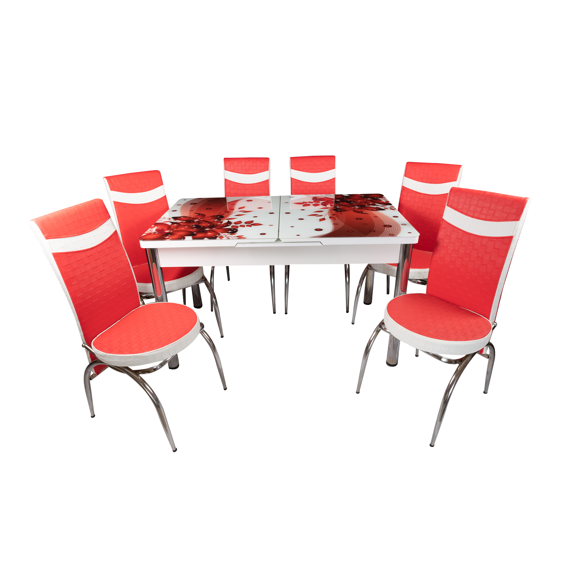 institut Economie dea lungul  Set masa Venetia cu 6 scaune, DENVER, extensibila, flori rosii, blat sticla  securizata – Mobila Denver