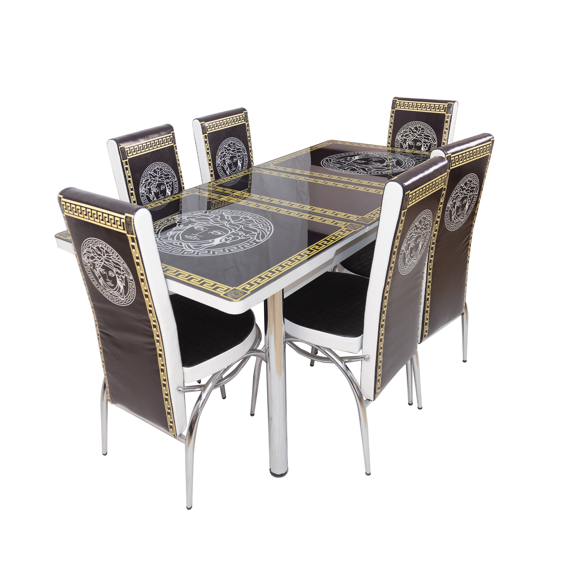 inertia the purpose Deter Set masa Venetia cu 6 scaune, DENVER, extensibila, model VERSACE negru  auriu, blat sticla securizata – Mobila Denver