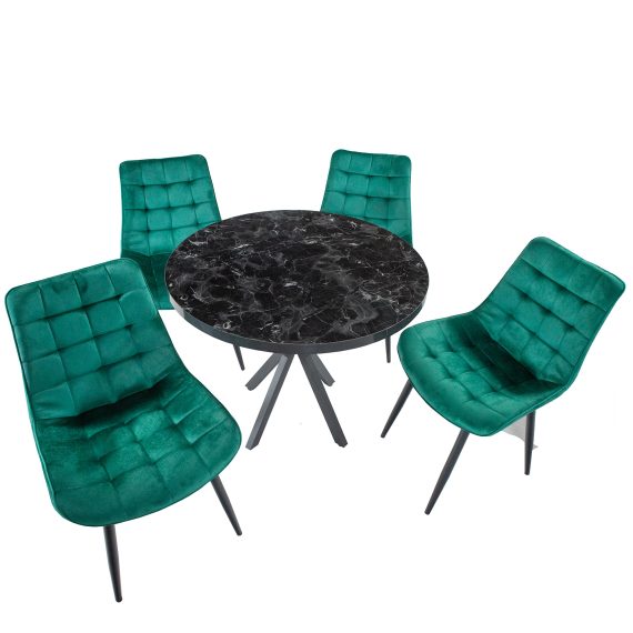 Set masa Hamburg Black Marble cu 4 scaune Osaka Verde, DENVER, picioare metalice negre, 90x73 cm