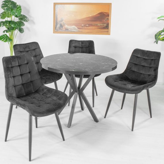 Set masa Hamburg Black Marble cu 4 scaune Osaka negru, DENVER, picioare metalice negre, 90x73 cm