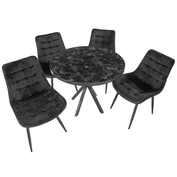 Set masa Hamburg Black Marble cu 4 scaune Osaka negru, DENVER, picioare metalice negre, 90x73 cm