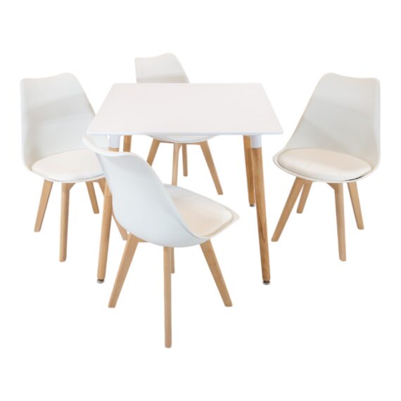 Set masa Koln alba cu 4 scaune Stockholm alb, DENVER, blat MDF alb, forma patrata, 80x80x74 cm